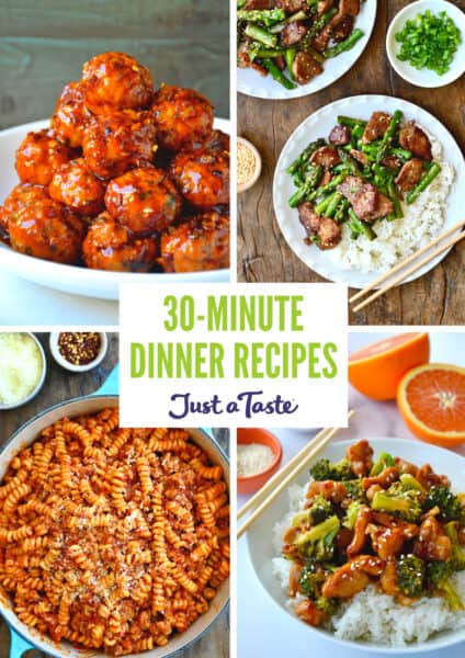 A collage of recipes, including orange chicken meatballs, black pepper pork, orange chicken and broccoli stir-fry, and pasta with hearty sausage marinara.