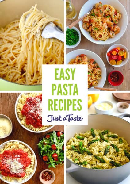 A collage of four pasta recipes, including cacio e Pepe, shrimp scampi, cheesy asparagus pasta and pasta topped with homemade marinara sauce.