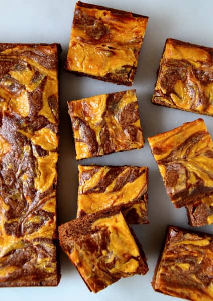 Fudgy brownies swirled with butterscotch cheesecake cut into perfect squares.