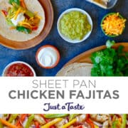 Top image: A top-down view of a sheet pan containing chicken, peppers and onion next to a plate with corn tortillas and small bowls containing guacamole, sour cream, salsa and shredded cheddar cheese. Bottom image: A close-up view of sliced chicken, peppers and onions.